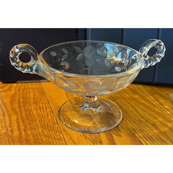 Double Handled Etched Pressed Glass Compote Candy Dish - Picture 1 of 9